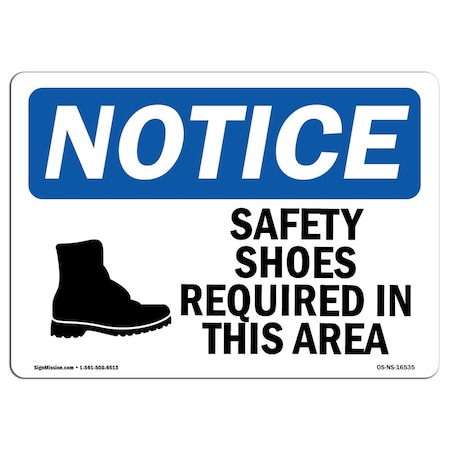 Signmission OSHA Notice Sign, NOTICE Safety Shoes Required Area Symbol, 10in X 7in Decal, 10" W, 7" H, Landscape OS-NS-D-710-L-16535